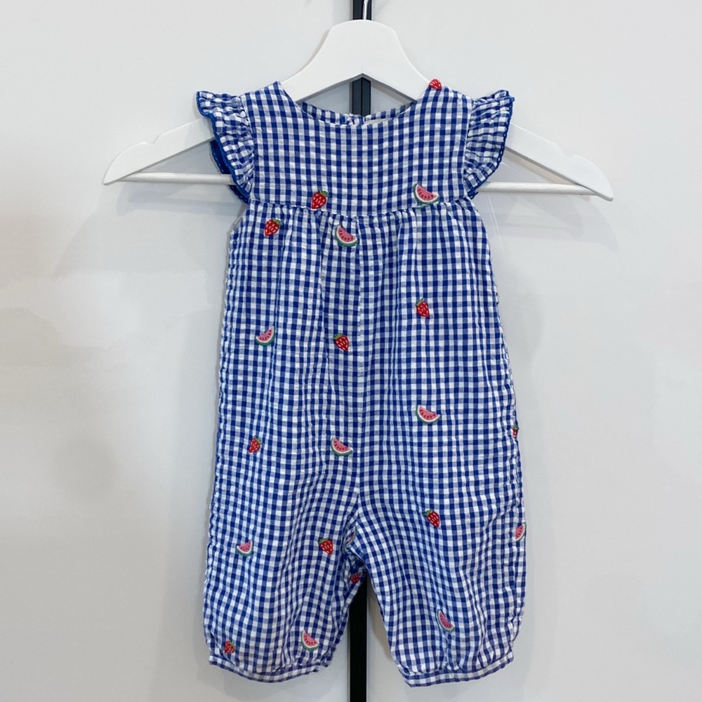 Jojo Maman Bebe | Blue Checkered Romper with Red Embroidered Fruit